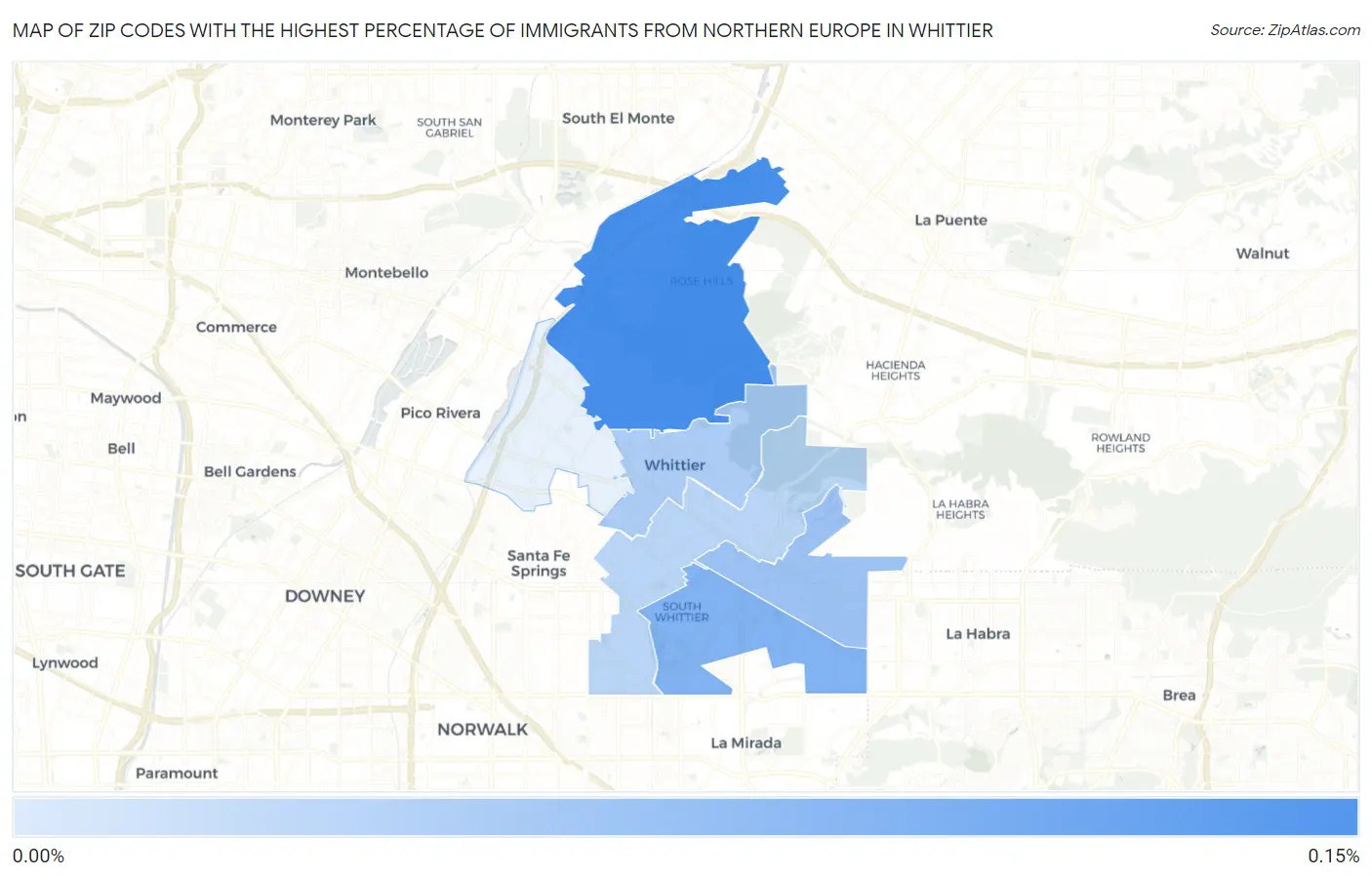 Zip Codes with the Highest Percentage of Immigrants from Northern Europe in Whittier Map
