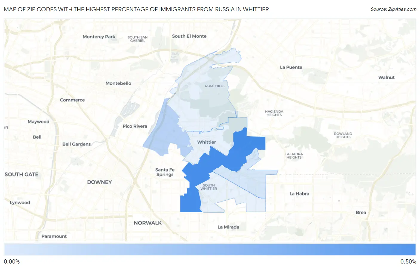 Zip Codes with the Highest Percentage of Immigrants from Russia in Whittier Map