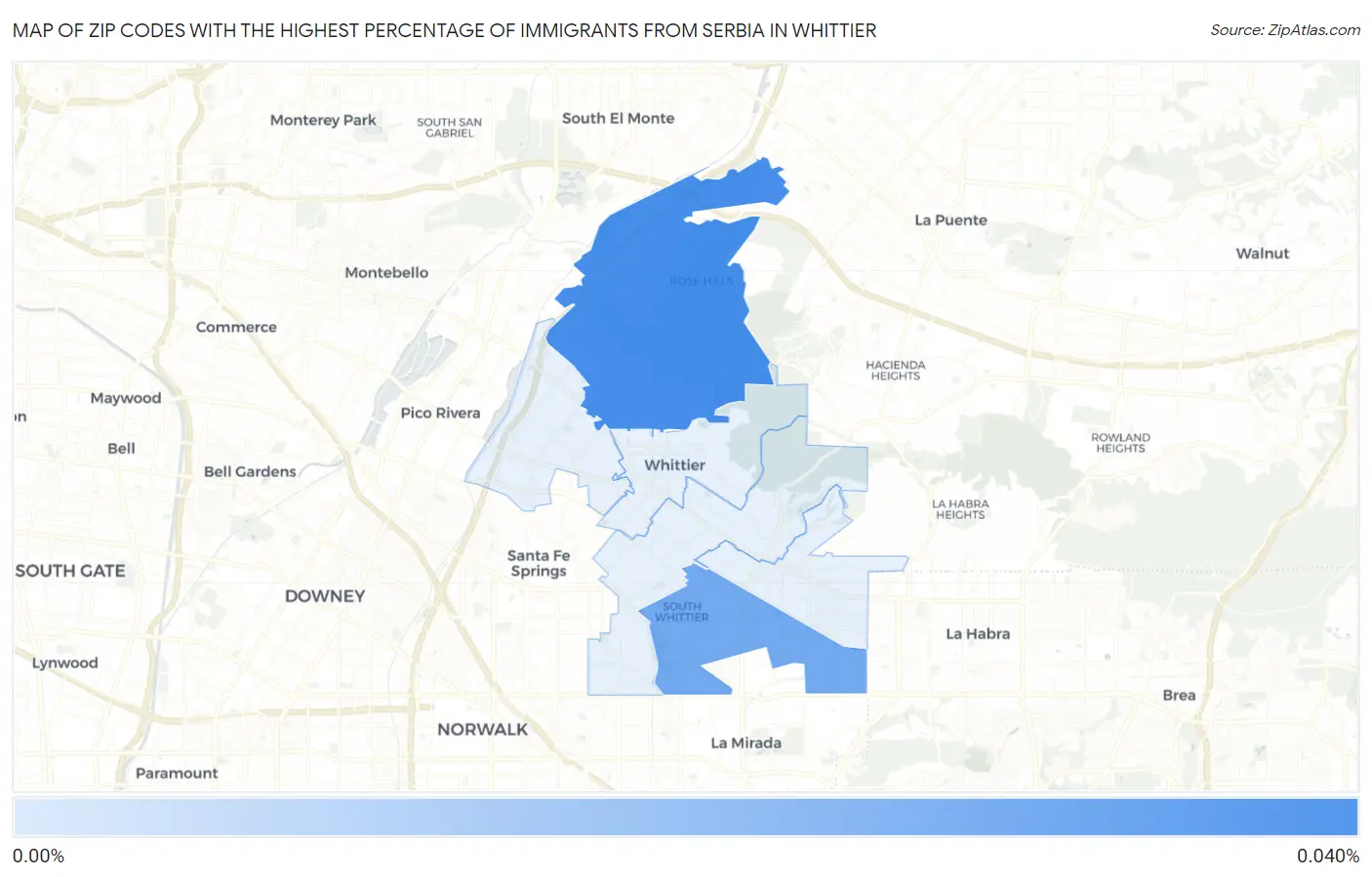 Zip Codes with the Highest Percentage of Immigrants from Serbia in Whittier Map