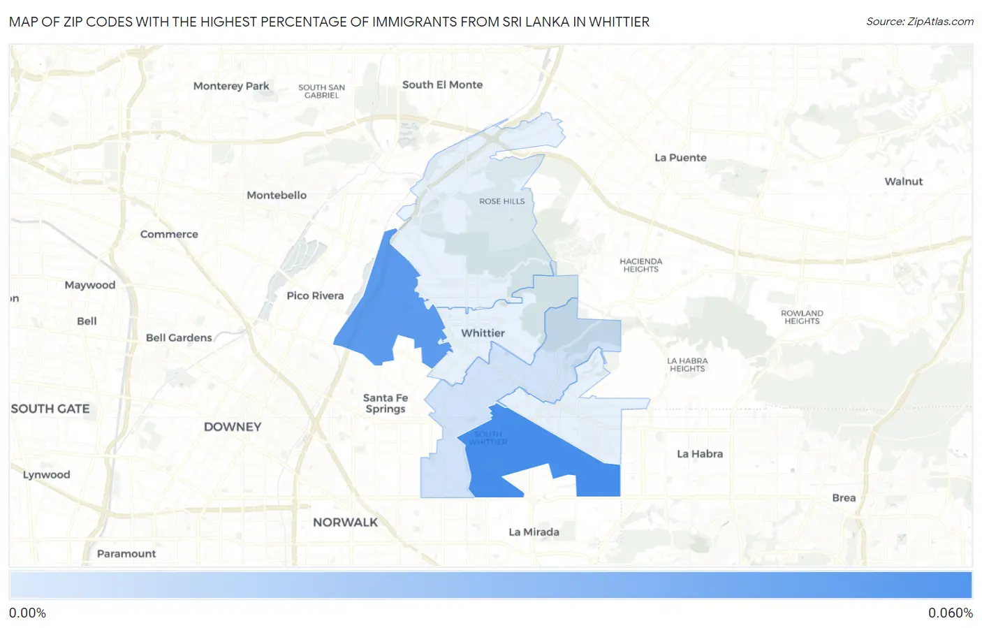 Zip Codes with the Highest Percentage of Immigrants from Sri Lanka in Whittier Map