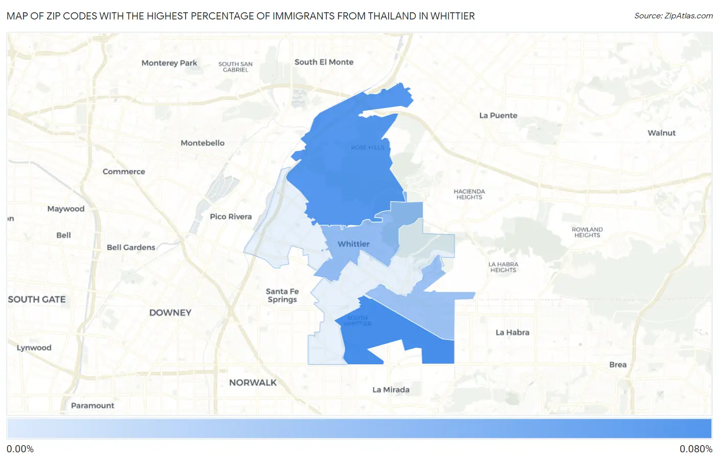 Zip Codes with the Highest Percentage of Immigrants from Thailand in Whittier Map
