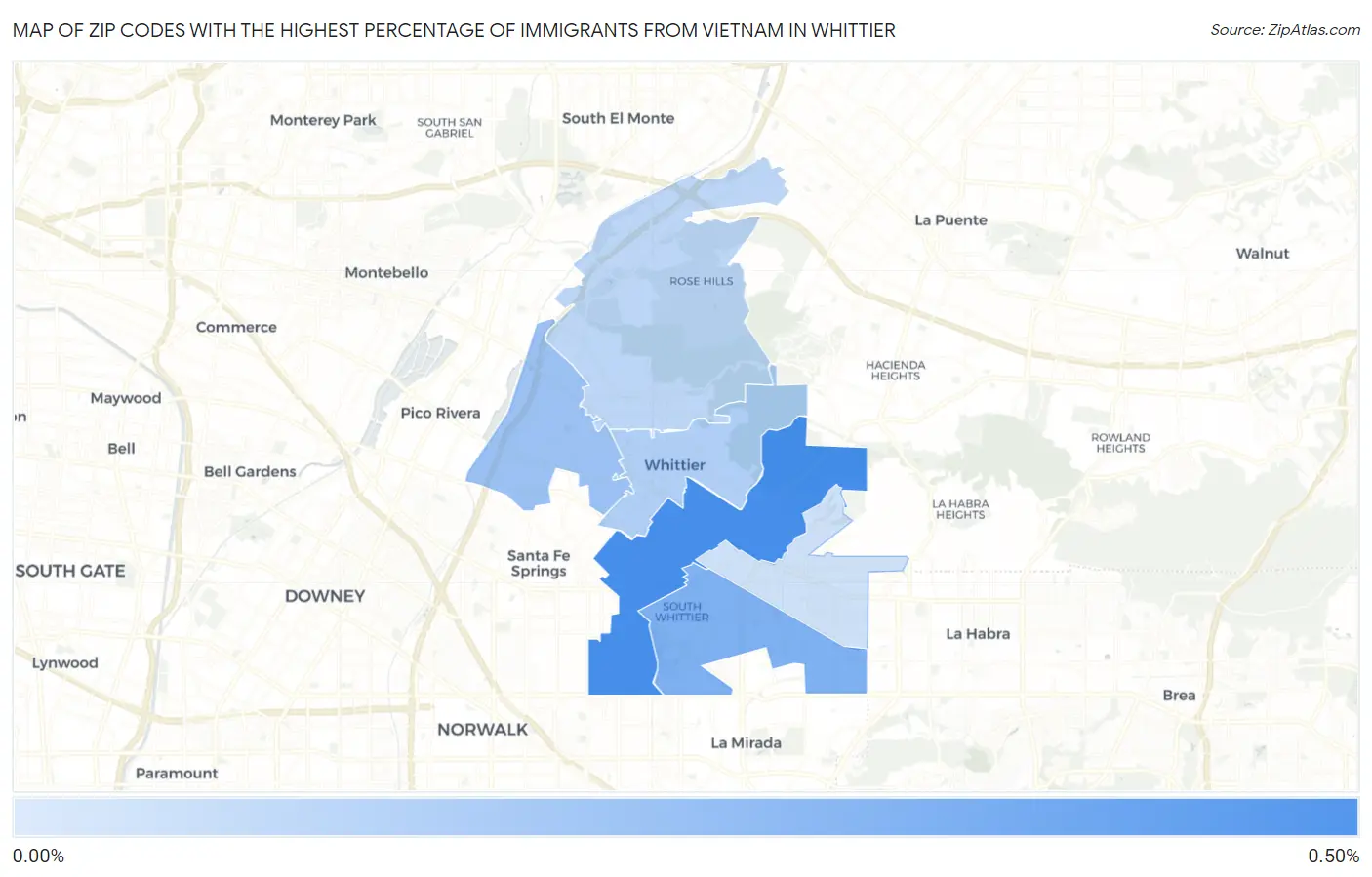 Zip Codes with the Highest Percentage of Immigrants from Vietnam in Whittier Map