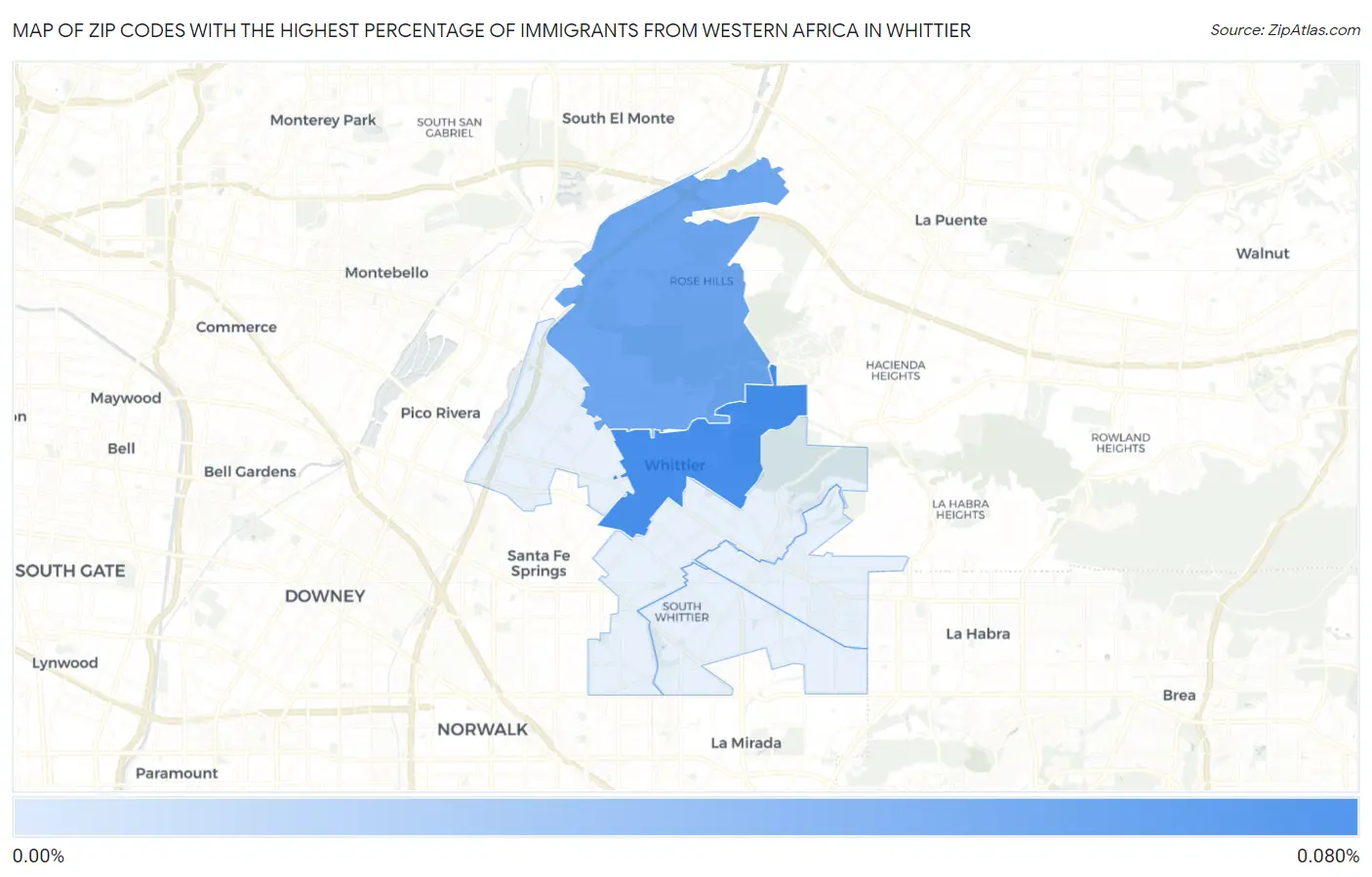 Zip Codes with the Highest Percentage of Immigrants from Western Africa in Whittier Map