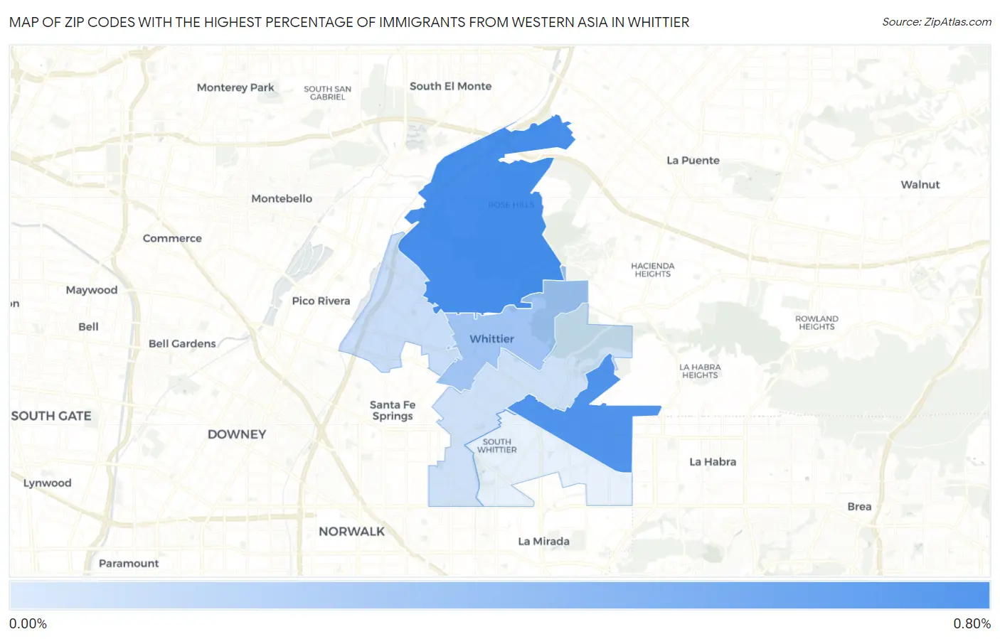 Zip Codes with the Highest Percentage of Immigrants from Western Asia in Whittier Map
