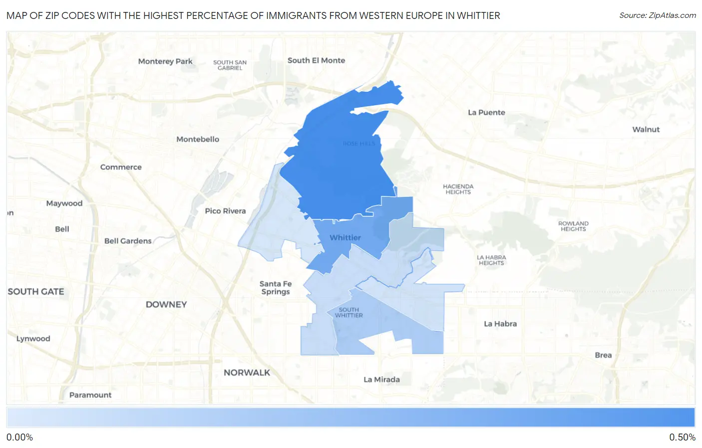 Zip Codes with the Highest Percentage of Immigrants from Western Europe in Whittier Map