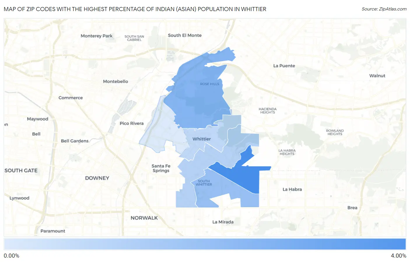 Zip Codes with the Highest Percentage of Indian (Asian) Population in Whittier Map