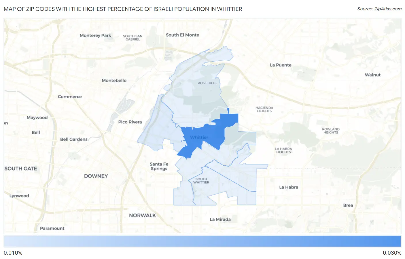 Zip Codes with the Highest Percentage of Israeli Population in Whittier Map