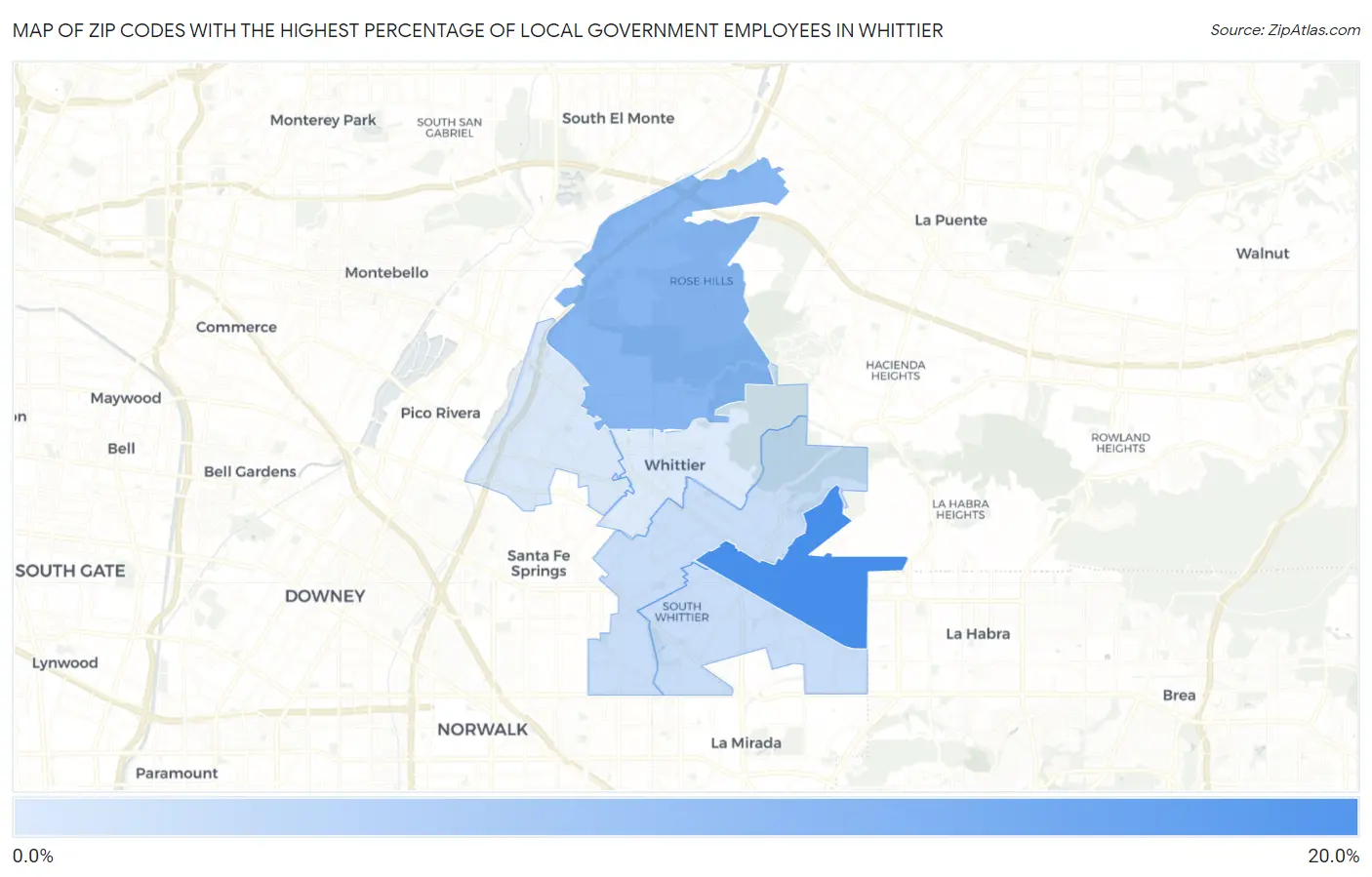 Zip Codes with the Highest Percentage of Local Government Employees in Whittier Map
