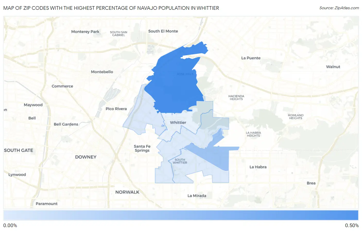 Zip Codes with the Highest Percentage of Navajo Population in Whittier Map