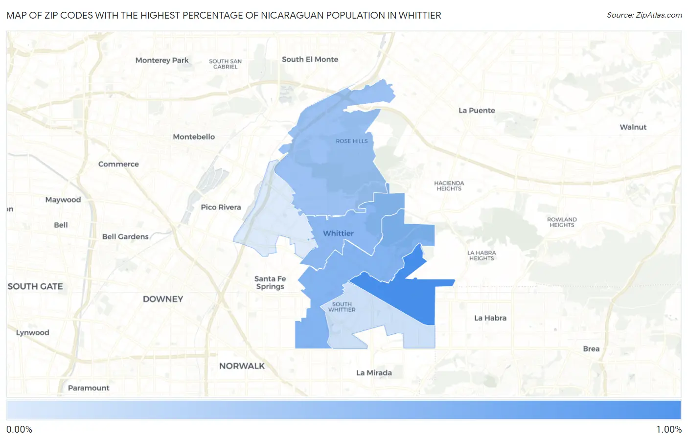 Zip Codes with the Highest Percentage of Nicaraguan Population in Whittier Map