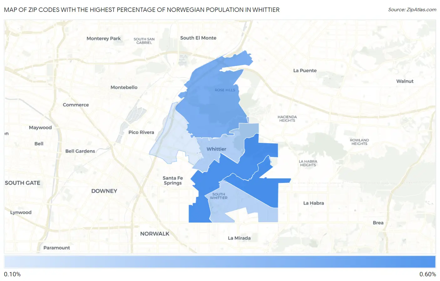 Zip Codes with the Highest Percentage of Norwegian Population in Whittier Map