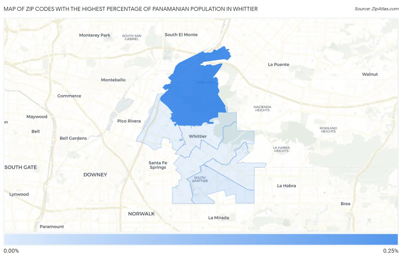 Zip Codes with the Highest Percentage of Panamanian Population in Whittier Map