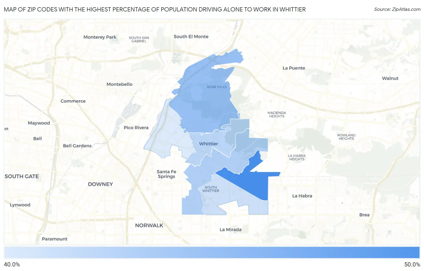 Zip Codes with the Highest Percentage of Population Driving Alone to Work in Whittier Map