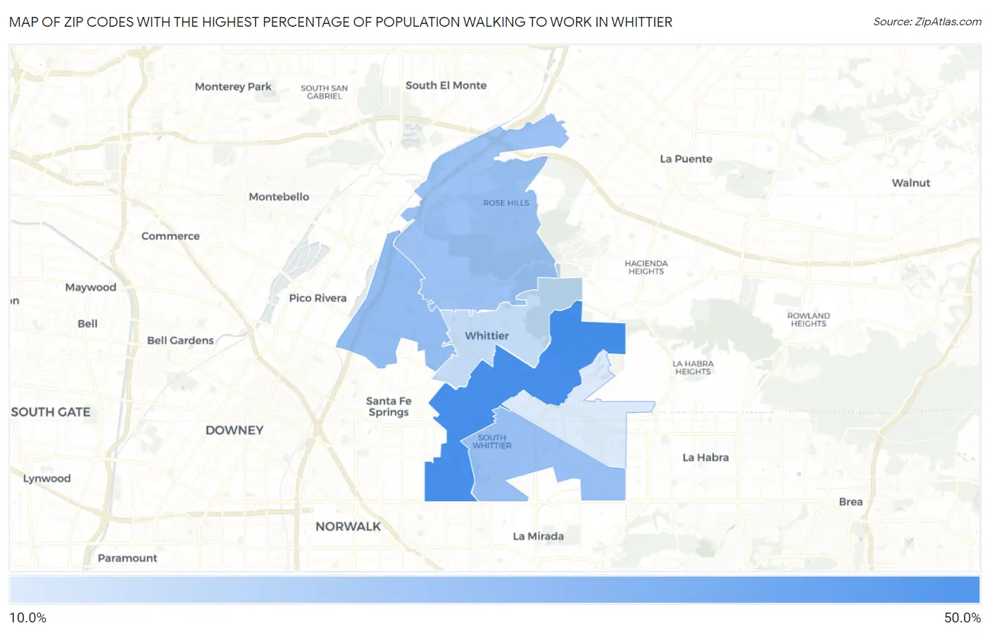 Zip Codes with the Highest Percentage of Population Walking to Work in Whittier Map