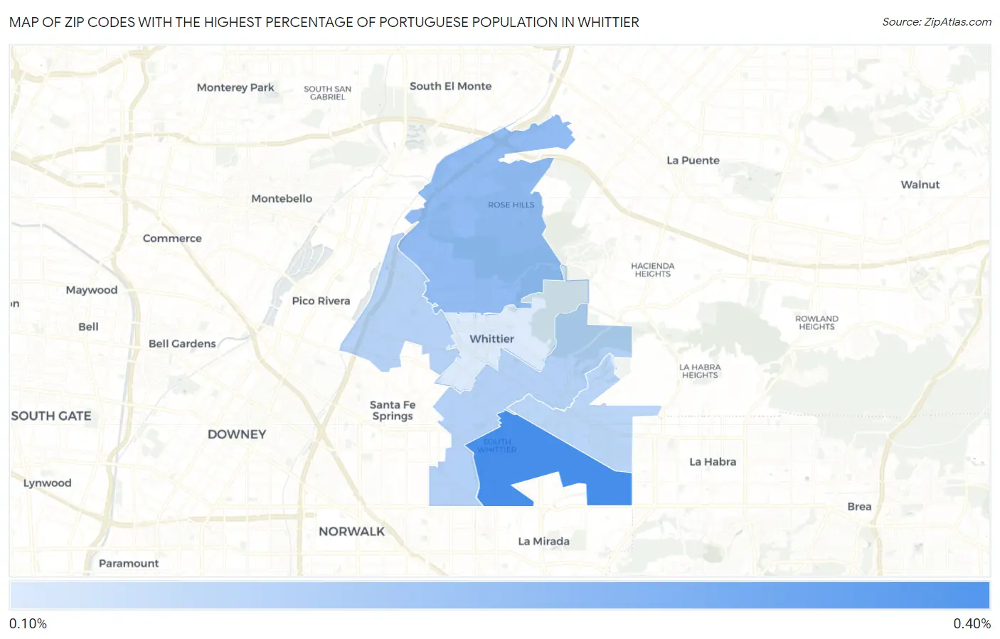 Zip Codes with the Highest Percentage of Portuguese Population in Whittier Map