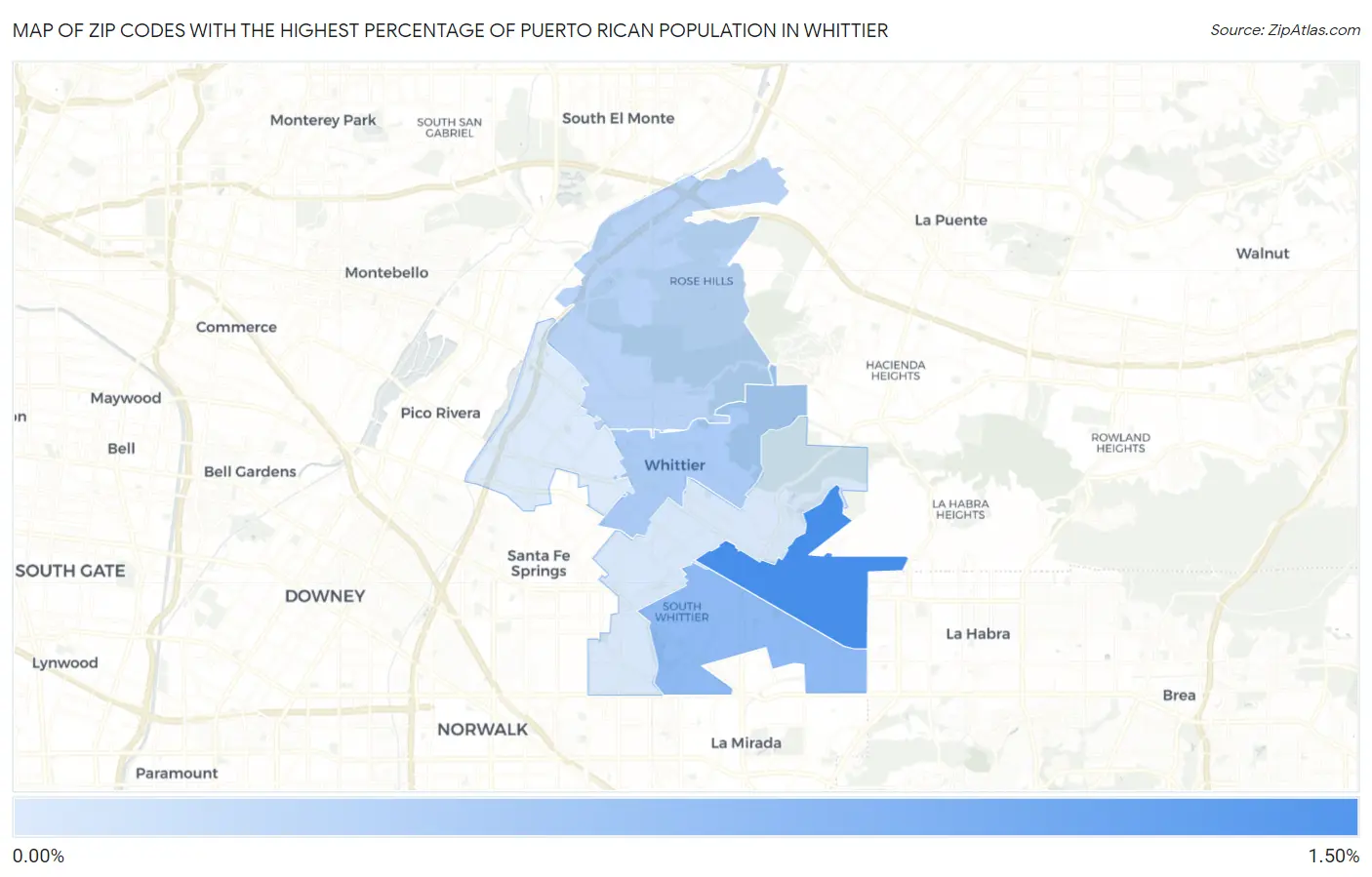 Zip Codes with the Highest Percentage of Puerto Rican Population in Whittier Map