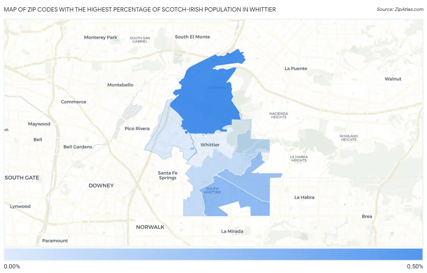 Zip Codes with the Highest Percentage of Scotch-Irish Population in Whittier Map