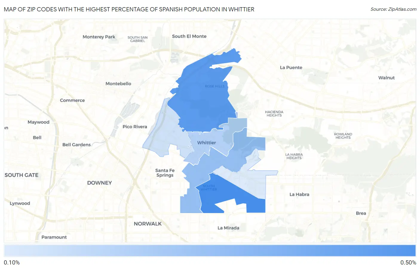 Zip Codes with the Highest Percentage of Spanish Population in Whittier Map