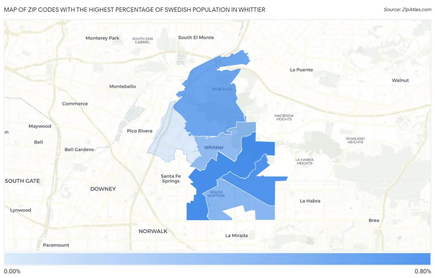 Zip Codes with the Highest Percentage of Swedish Population in Whittier Map
