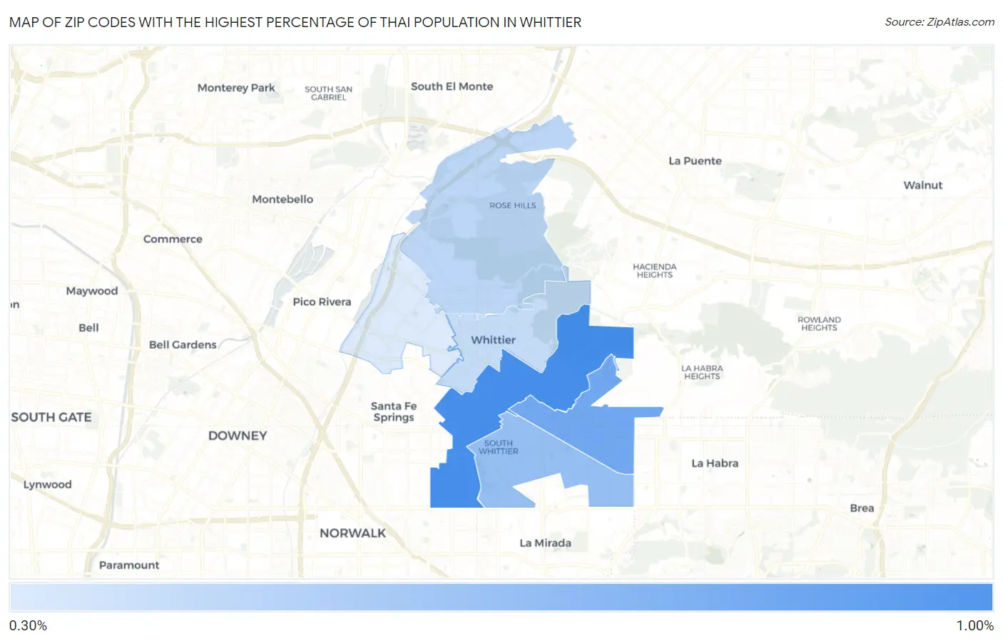 Zip Codes with the Highest Percentage of Thai Population in Whittier Map