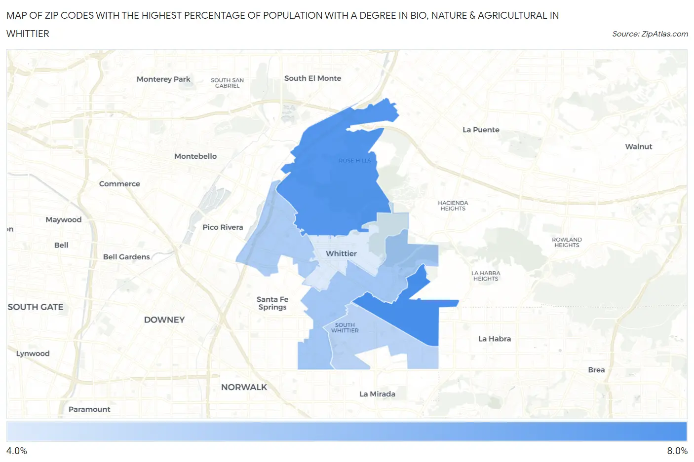 Zip Codes with the Highest Percentage of Population with a Degree in Bio, Nature & Agricultural in Whittier Map