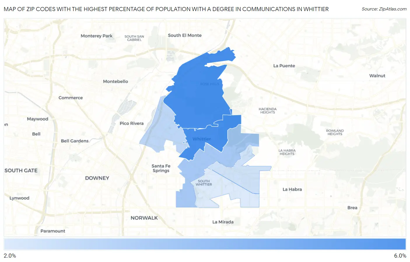 Zip Codes with the Highest Percentage of Population with a Degree in Communications in Whittier Map
