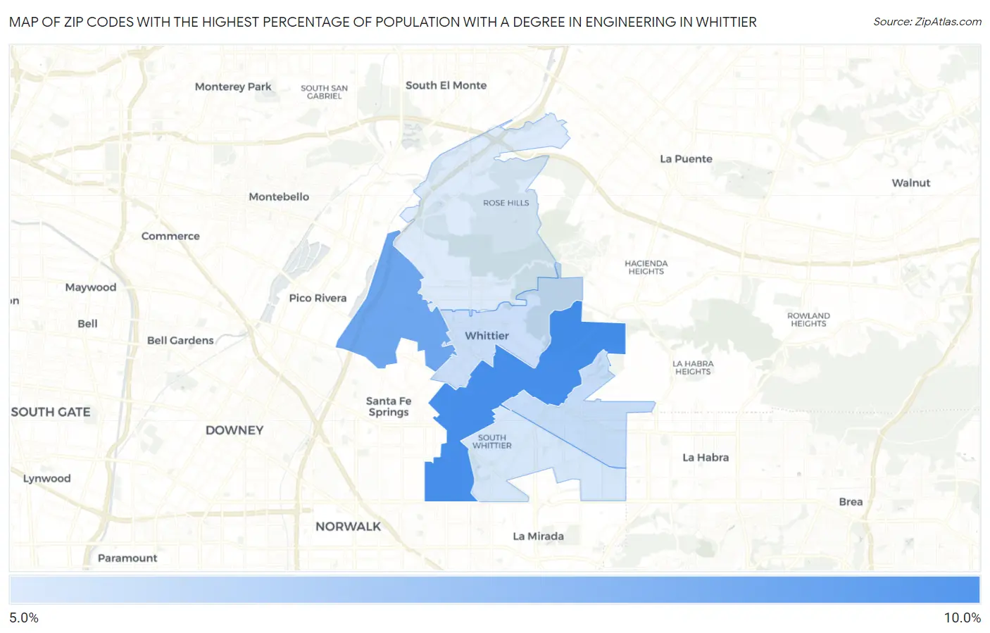 Zip Codes with the Highest Percentage of Population with a Degree in Engineering in Whittier Map