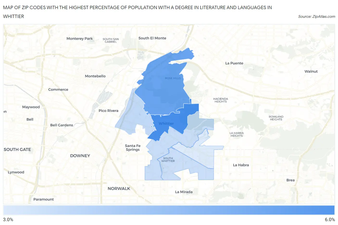 Zip Codes with the Highest Percentage of Population with a Degree in Literature and Languages in Whittier Map