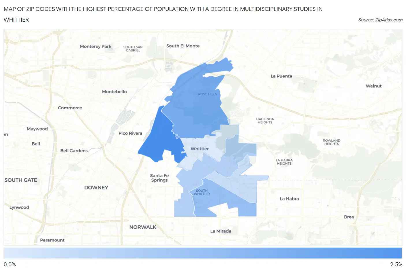 Zip Codes with the Highest Percentage of Population with a Degree in Multidisciplinary Studies in Whittier Map