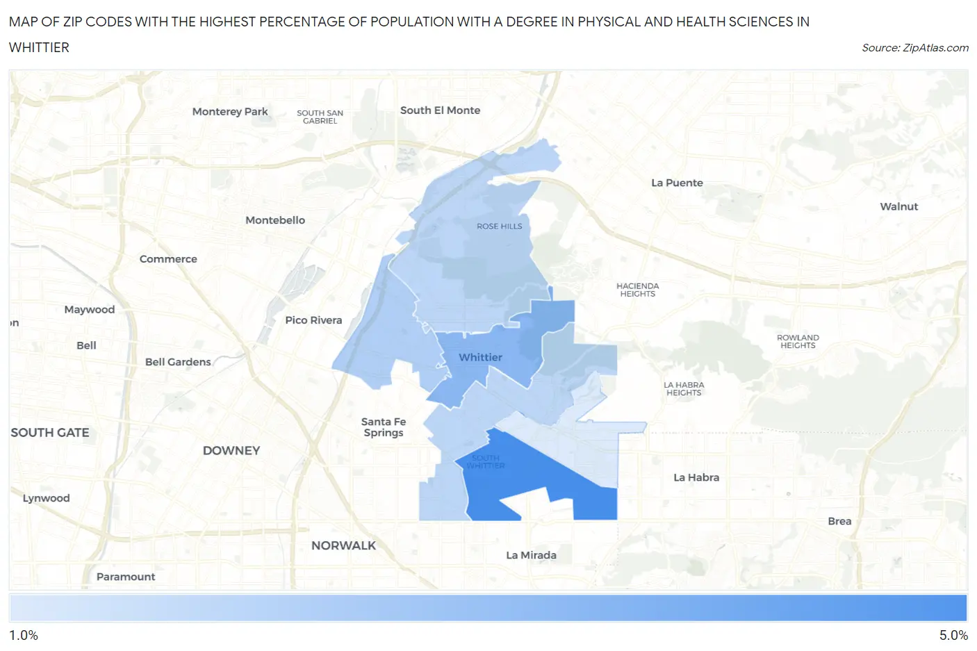 Zip Codes with the Highest Percentage of Population with a Degree in Physical and Health Sciences in Whittier Map