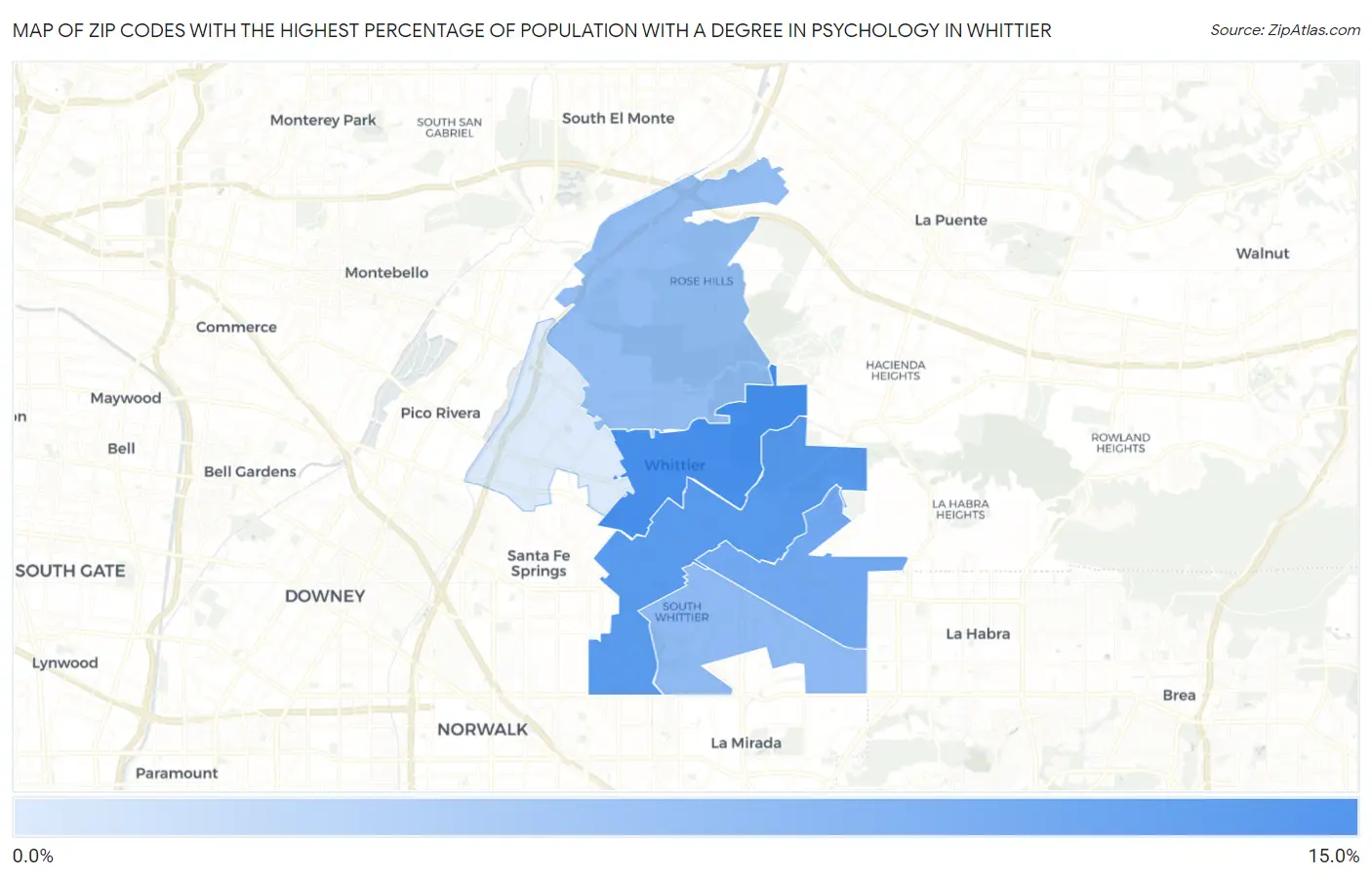 Zip Codes with the Highest Percentage of Population with a Degree in Psychology in Whittier Map