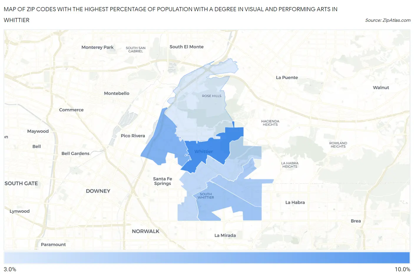 Zip Codes with the Highest Percentage of Population with a Degree in Visual and Performing Arts in Whittier Map