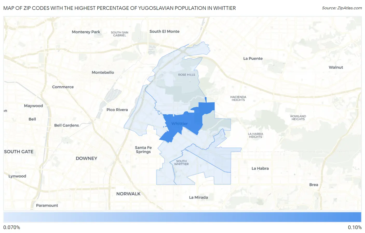 Zip Codes with the Highest Percentage of Yugoslavian Population in Whittier Map