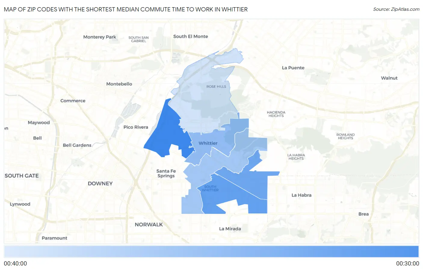Zip Codes with the Shortest Median Commute Time to Work in Whittier Map
