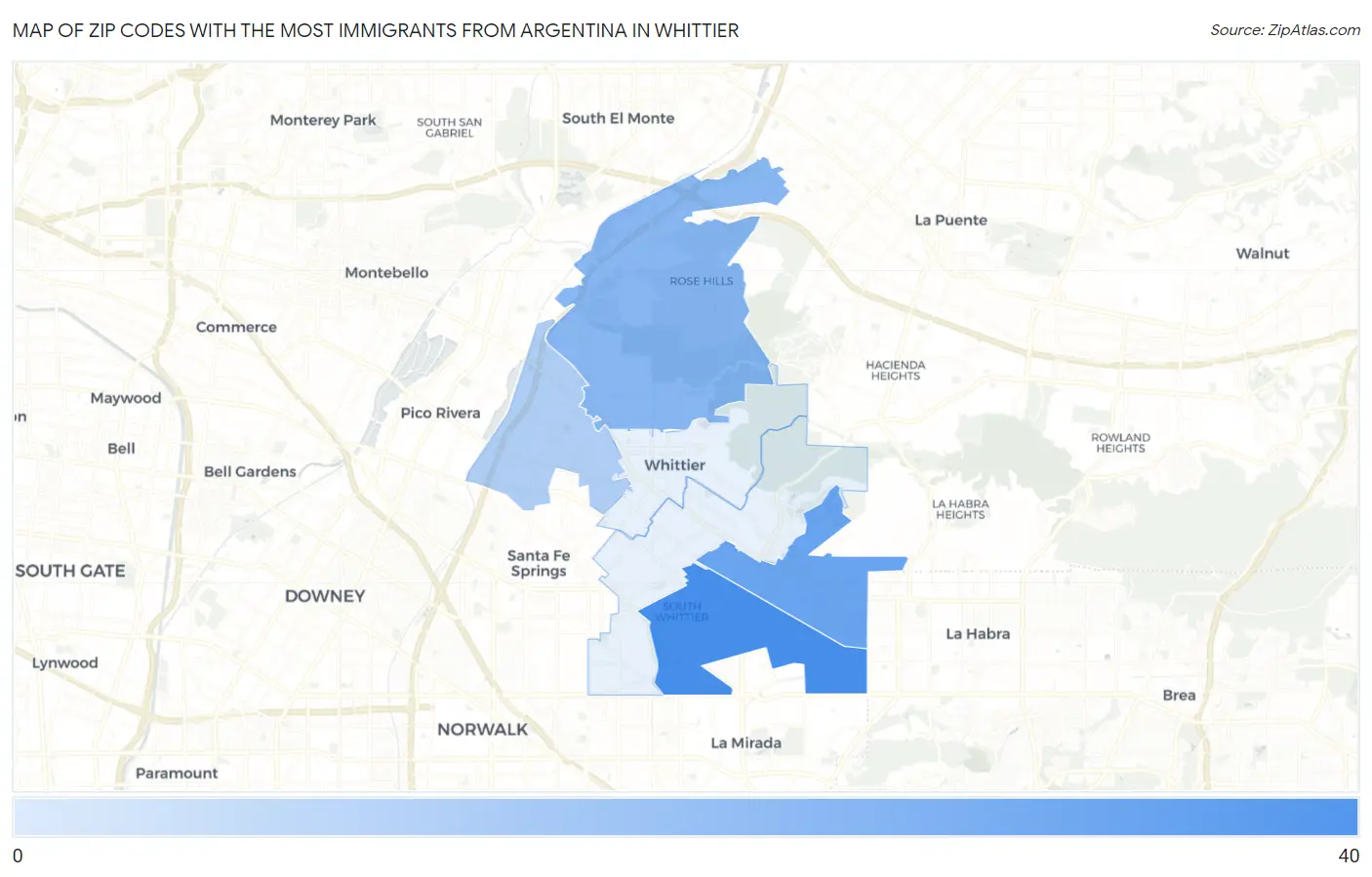 Zip Codes with the Most Immigrants from Argentina in Whittier Map
