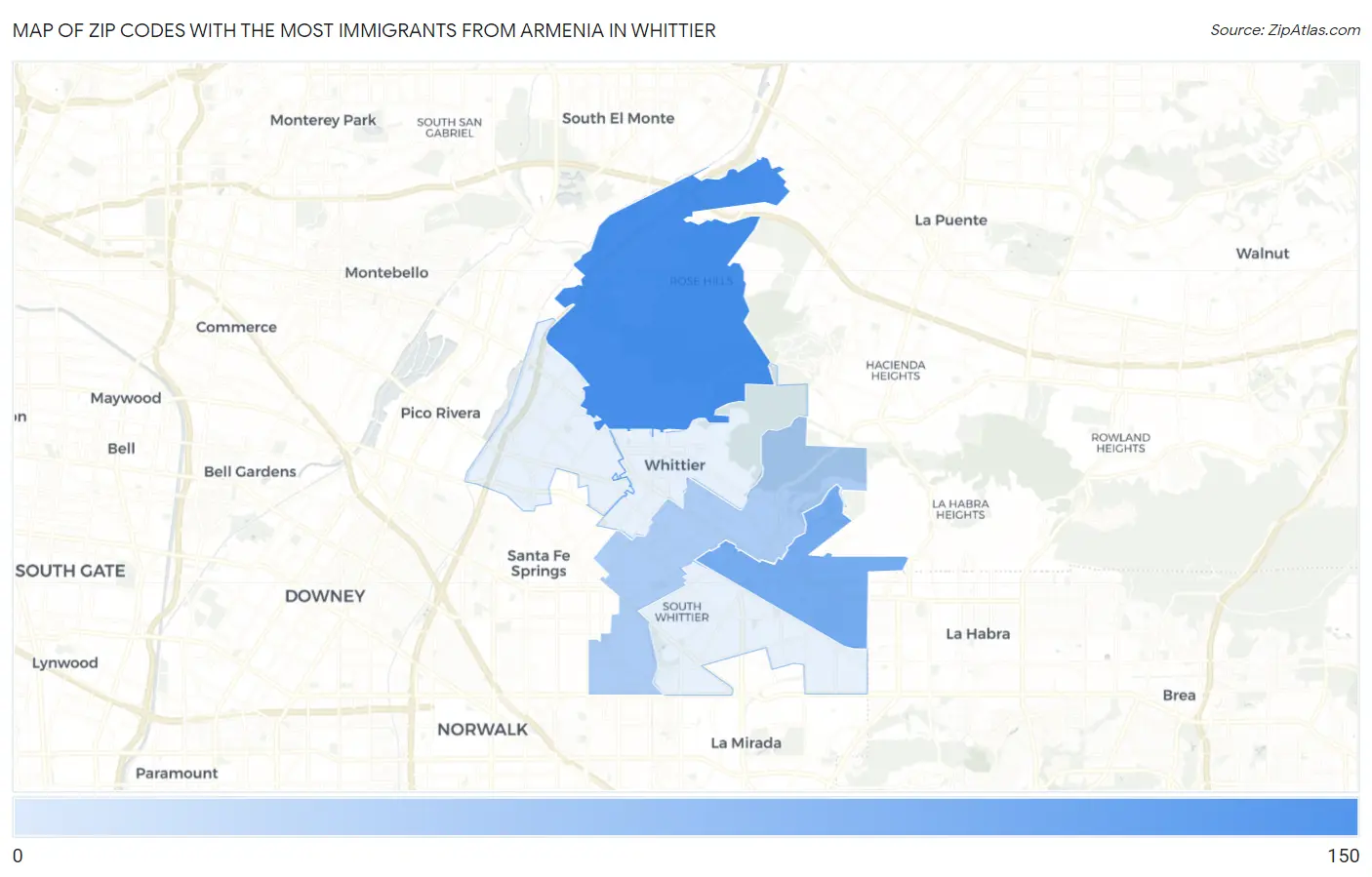 Zip Codes with the Most Immigrants from Armenia in Whittier Map