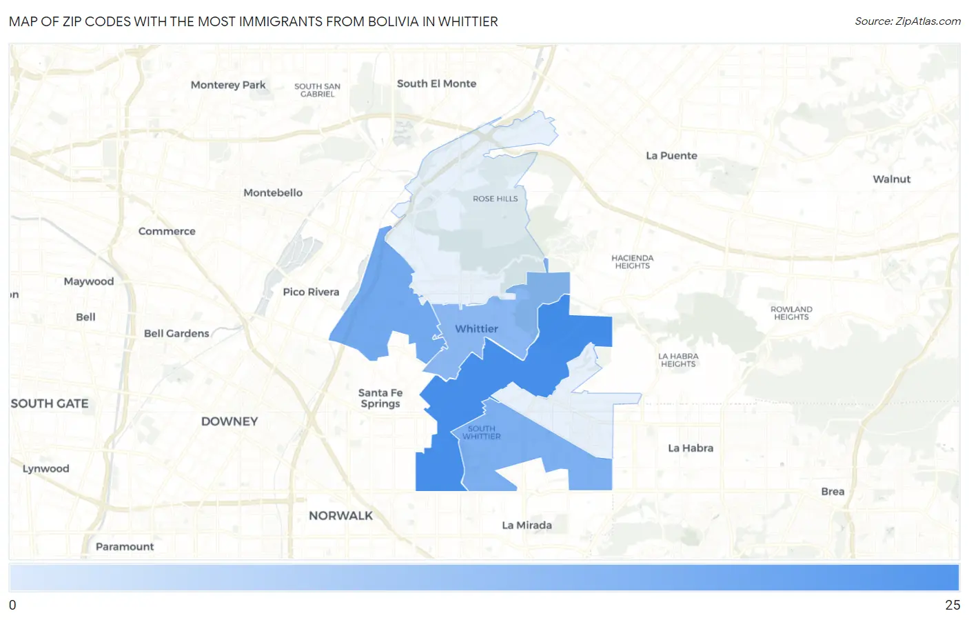 Zip Codes with the Most Immigrants from Bolivia in Whittier Map