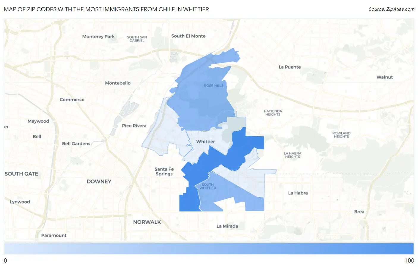 Zip Codes with the Most Immigrants from Chile in Whittier Map