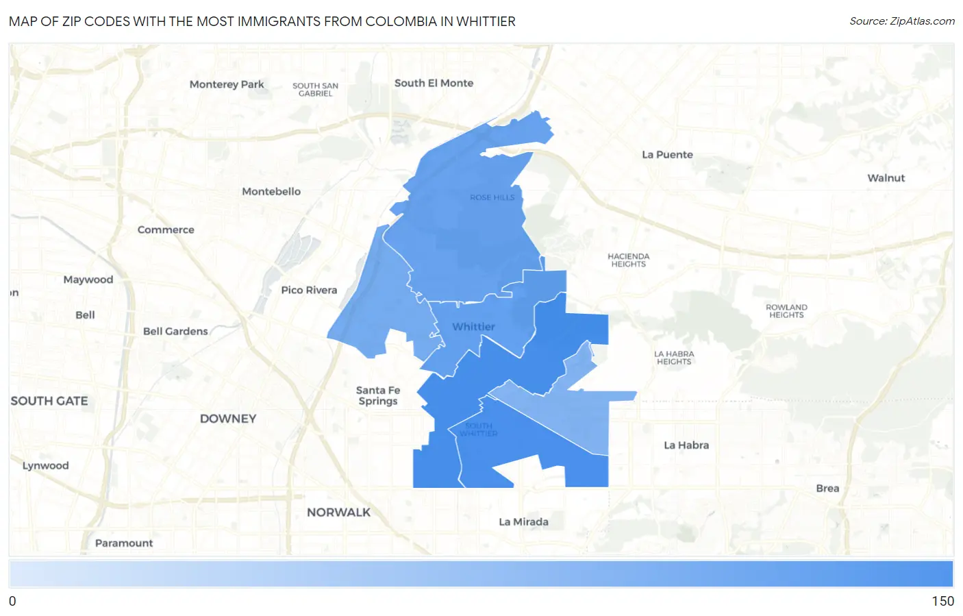 Zip Codes with the Most Immigrants from Colombia in Whittier Map