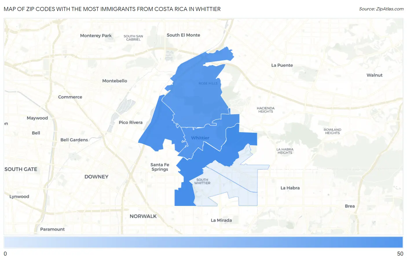 Zip Codes with the Most Immigrants from Costa Rica in Whittier Map