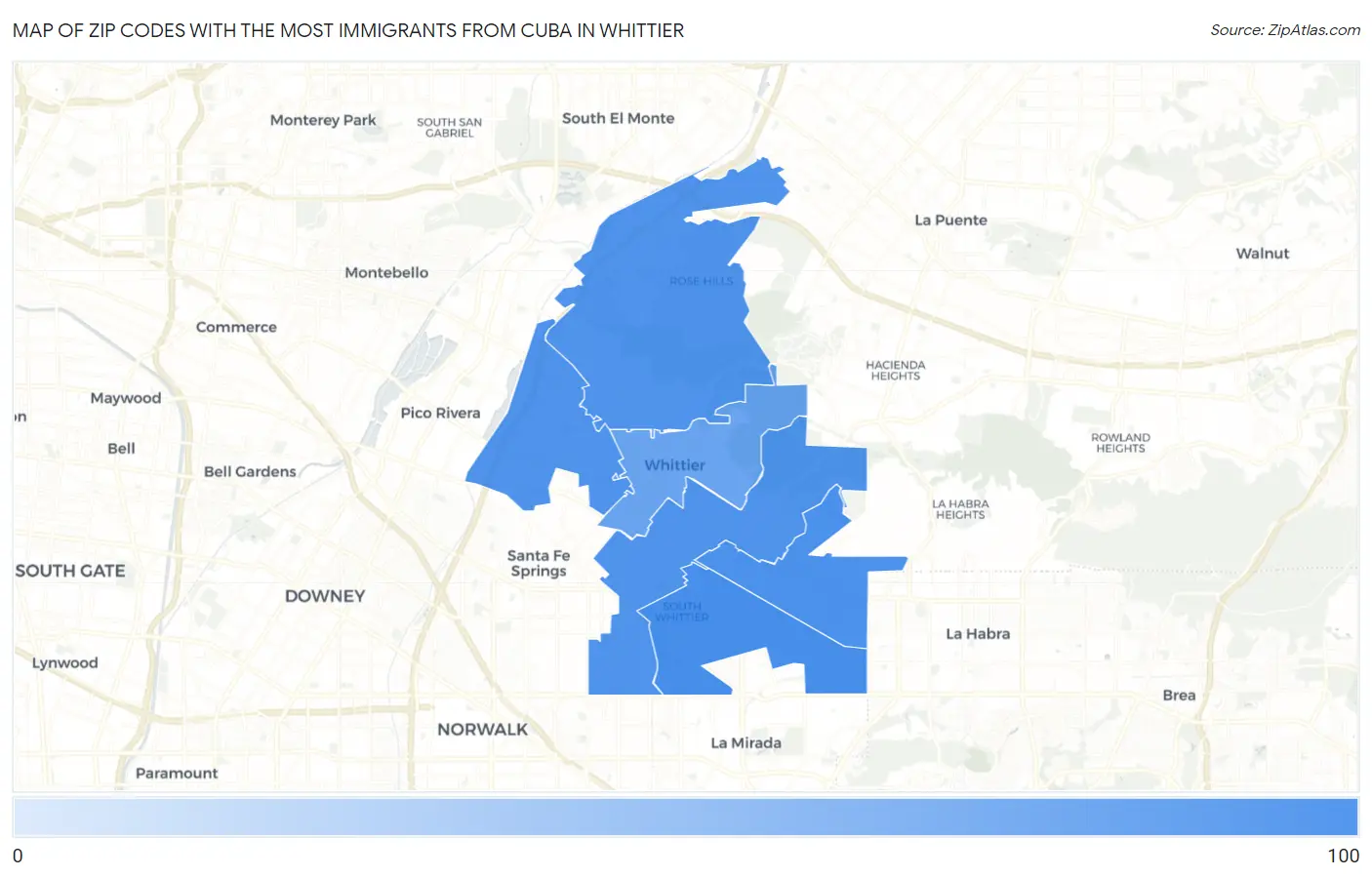 Zip Codes with the Most Immigrants from Cuba in Whittier Map