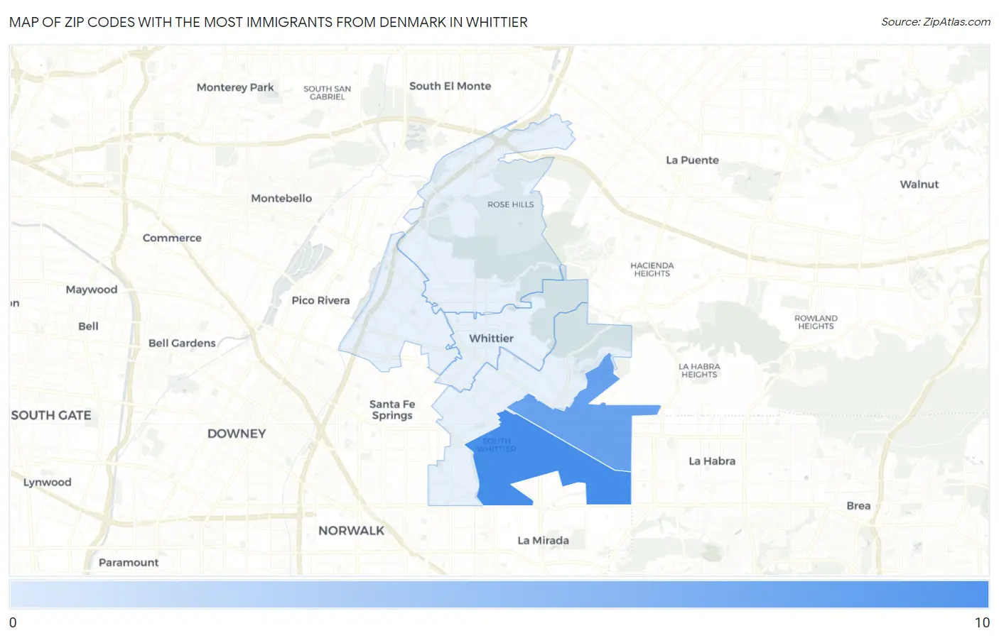 Zip Codes with the Most Immigrants from Denmark in Whittier Map