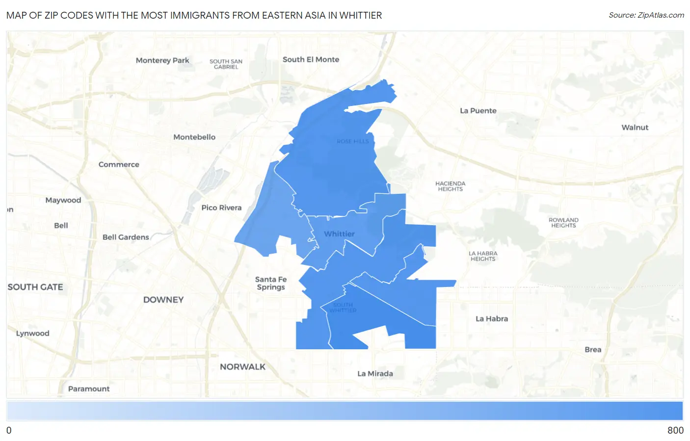 Zip Codes with the Most Immigrants from Eastern Asia in Whittier Map