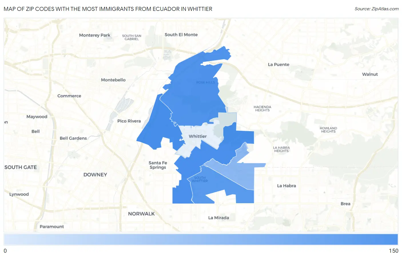 Zip Codes with the Most Immigrants from Ecuador in Whittier Map