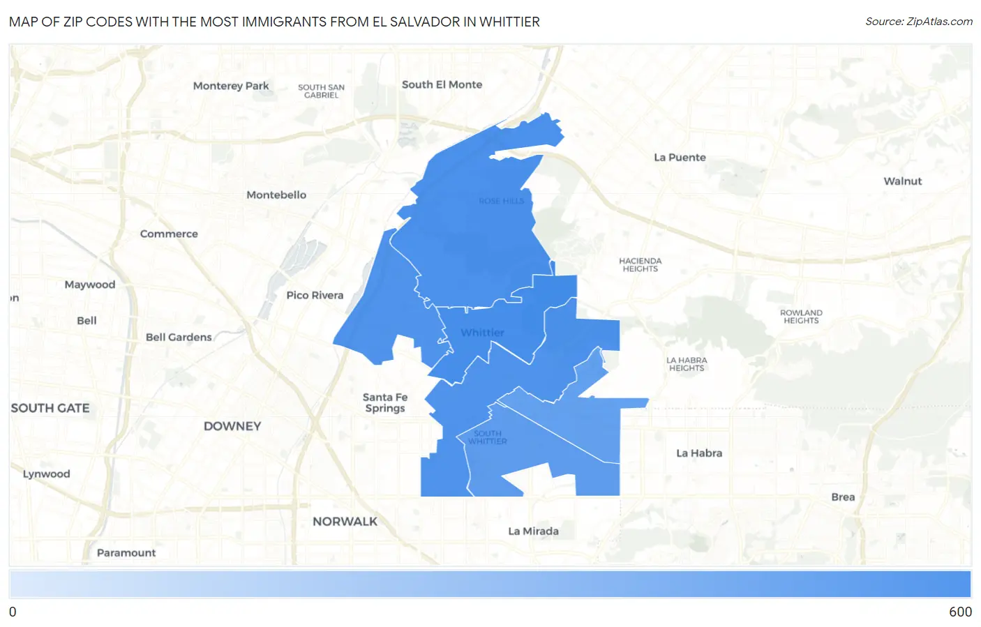 Zip Codes with the Most Immigrants from El Salvador in Whittier Map