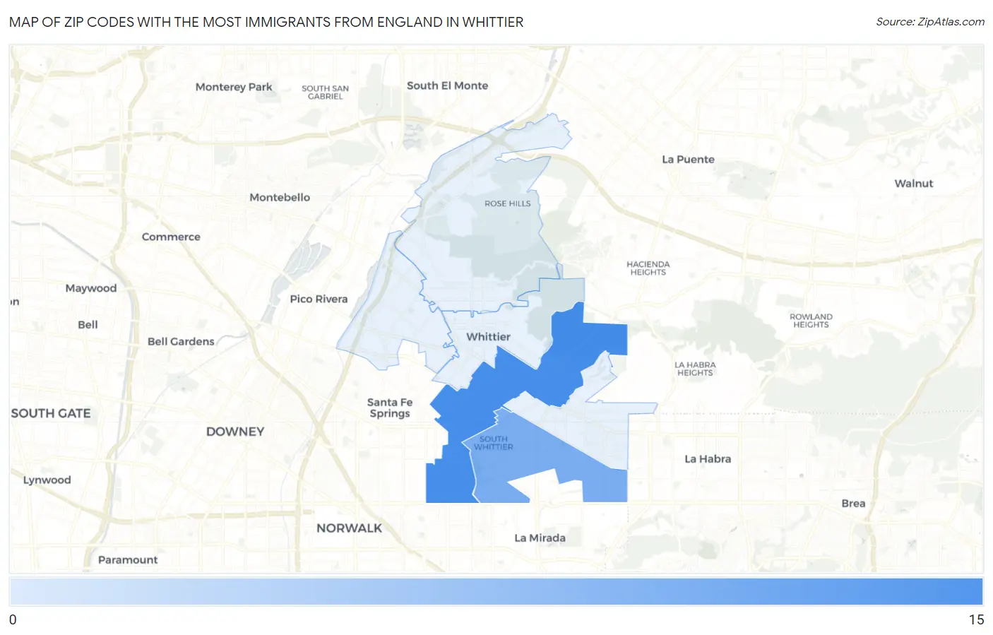 Zip Codes with the Most Immigrants from England in Whittier Map