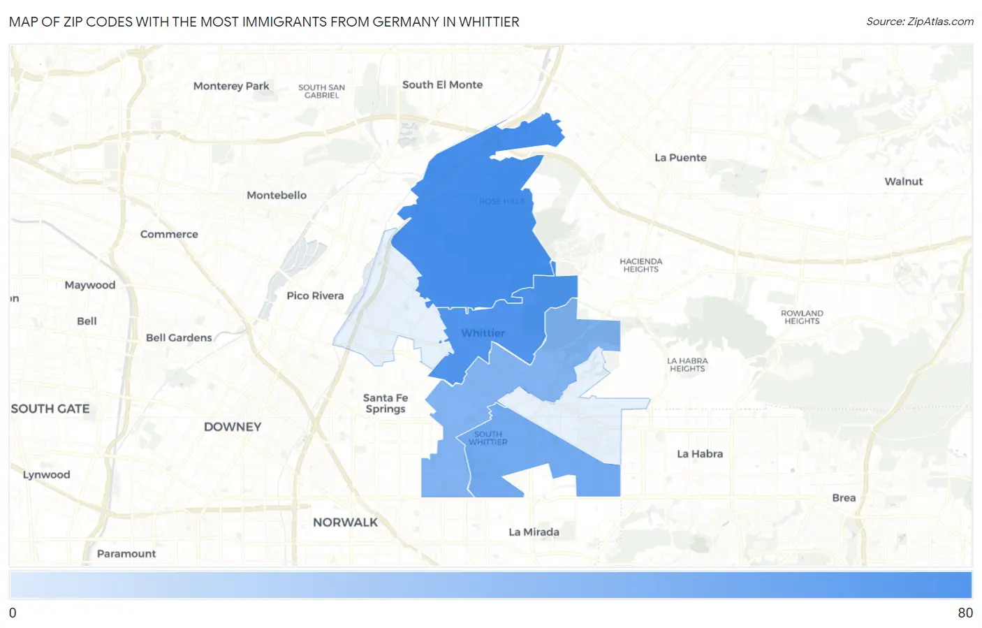Zip Codes with the Most Immigrants from Germany in Whittier Map