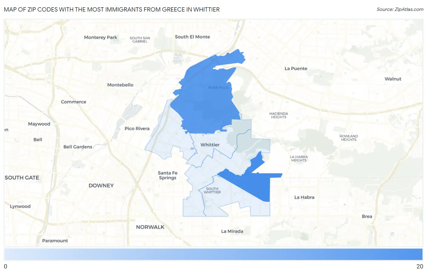 Zip Codes with the Most Immigrants from Greece in Whittier Map