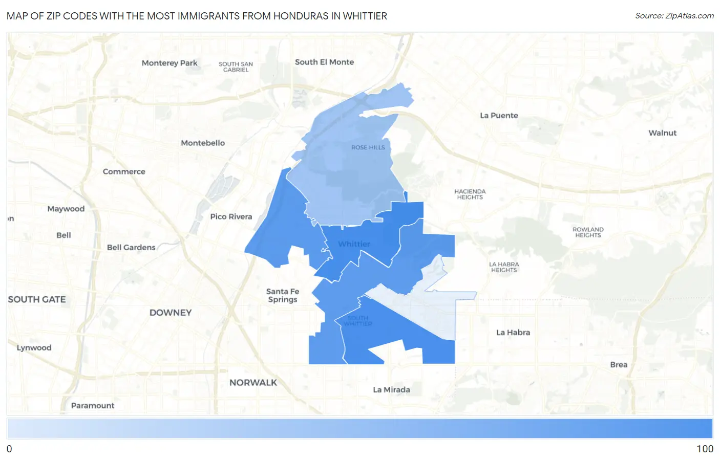 Zip Codes with the Most Immigrants from Honduras in Whittier Map