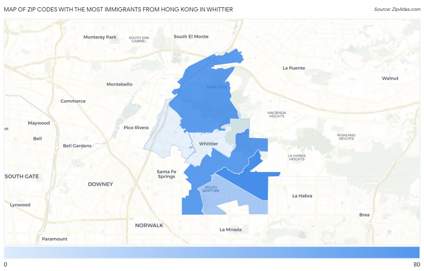 Zip Codes with the Most Immigrants from Hong Kong in Whittier Map